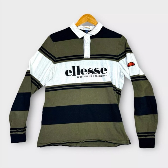 Ellesse Other - Ellesse Long Sleeve Rugby Polo Shirt Mens Medium Green Blue Striped Sport Wear